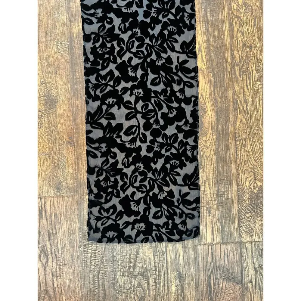 Vintage Accessory Burnout Velvet Oblong Scarf - Black Semi Sheer Floral Wrap